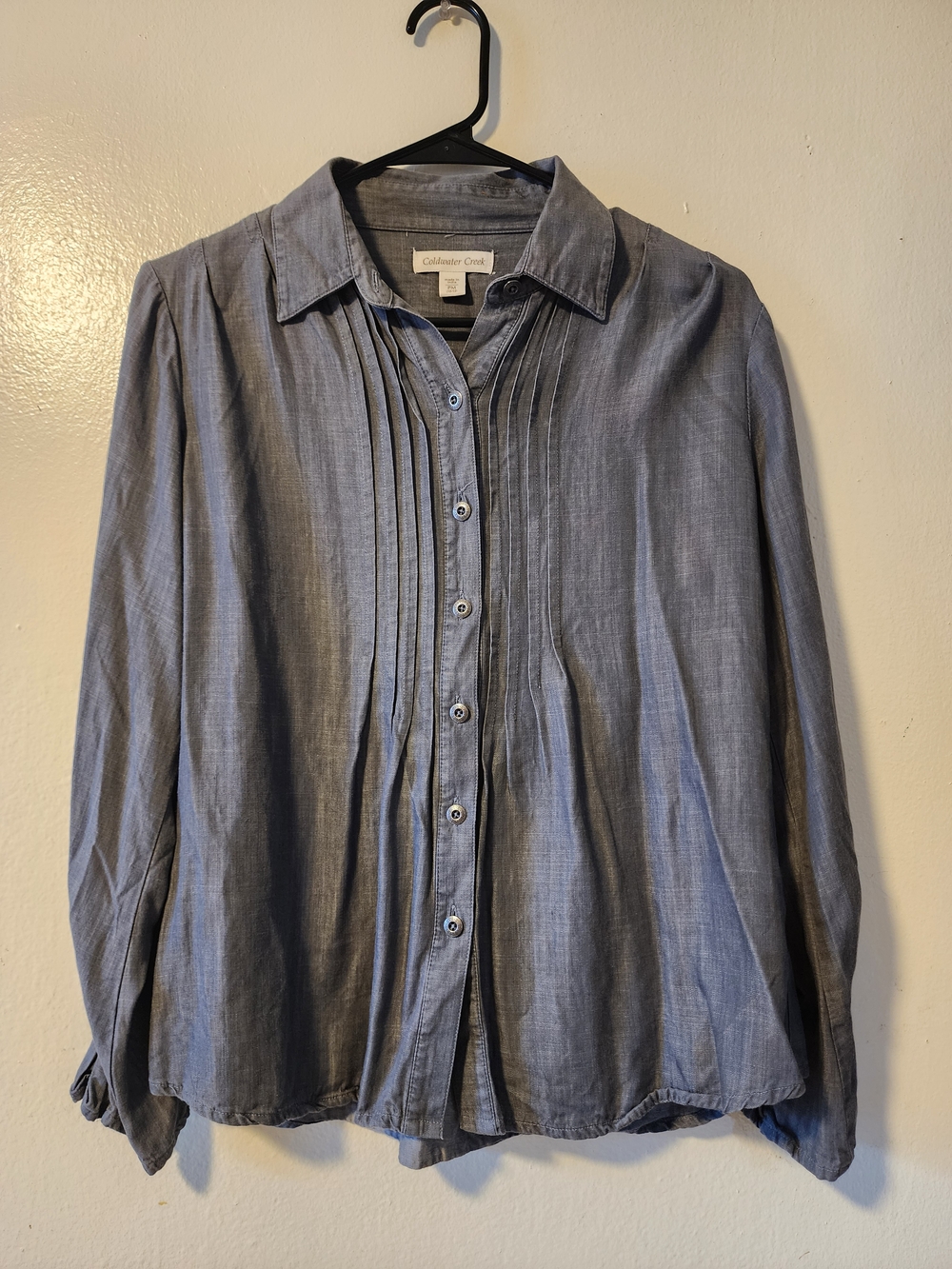 Coldwater Creek Blue Button-Front Pintuck Blouse
